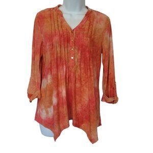 New Directions Blouse Womens S Coral Abstract Pleated Roll Tab Sleeve Asymmetric